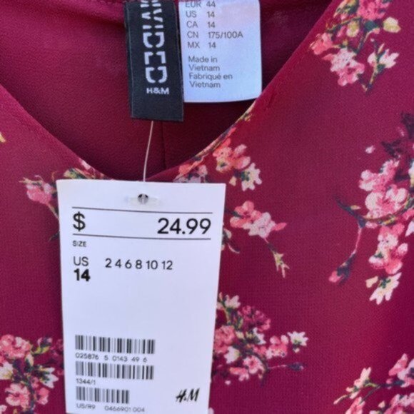 H&M Women's Floral Cami Midi Slip Dress w/ Lace Hem in Burgandy Red Sz 14 - Picture 5 of 9